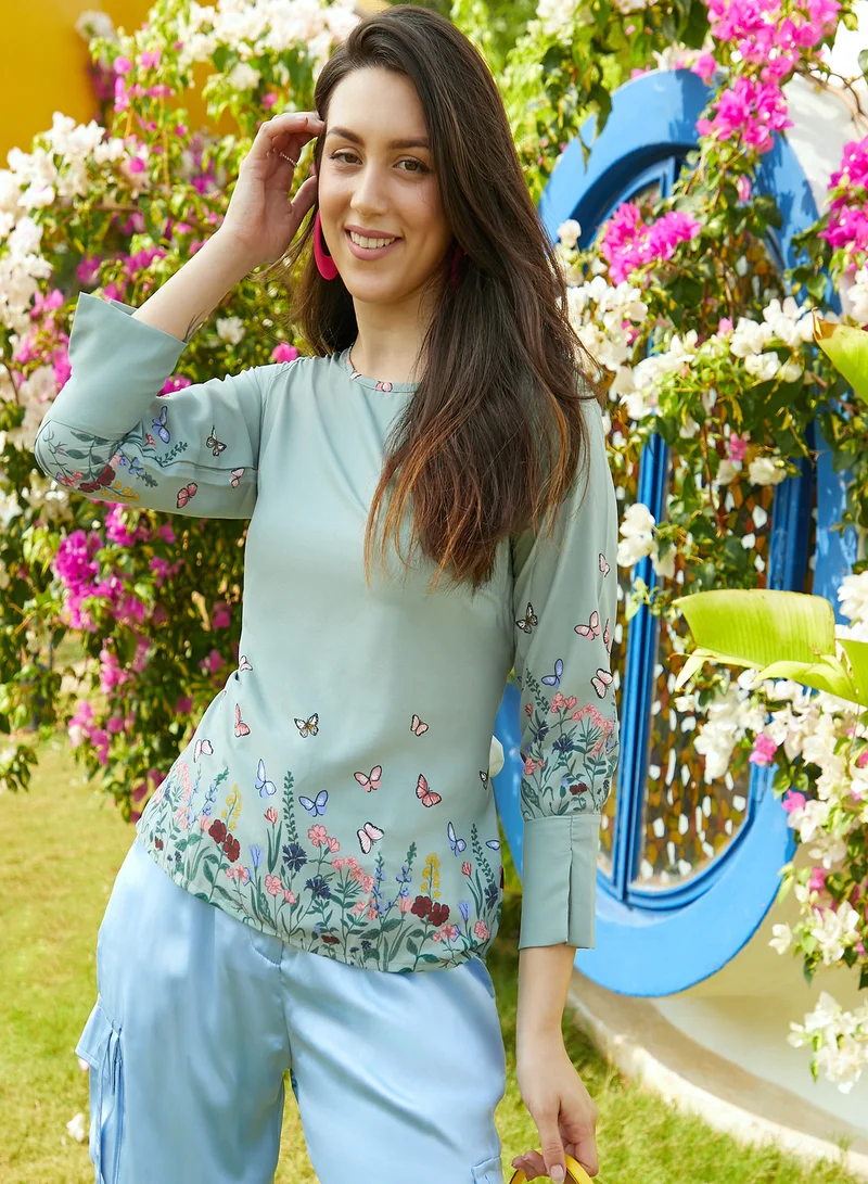 Pinacolada  Women's Sage Green Printed Regular Fit Top For Casual Wear | Crewneck | Quarter Sleeve | Top Crafted With Regular Sleeve, Comfort Fit & High-Performance For Everyday Wear for Women | Best Price UAE
